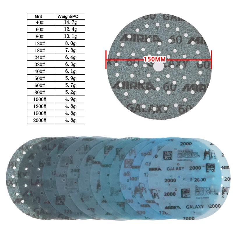 10-50Pcs Mirka Galaxy 6 Inch 150mm 50 Hoels Sandpaper 40-2000Grit Hook & Loop PET Ceramic/Aluminium Oxide For Steel Wood