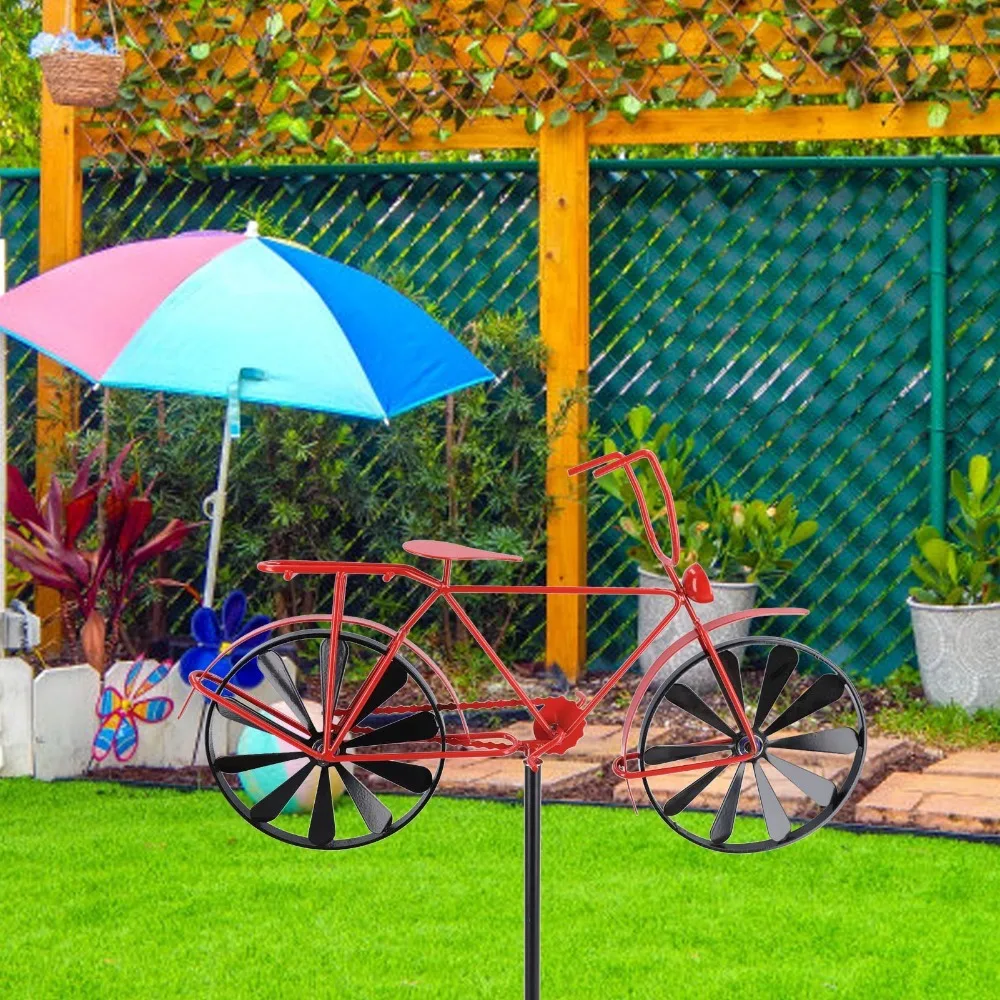 3pcs Iron Wind Spinner Decoration Vintage Red Bicycle Wind Spinner Windmill Structure Garden Stake Wind Sculpture Ornament
