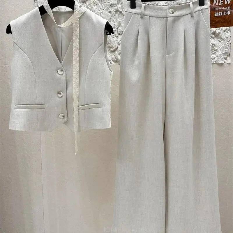 

Korean Women Elegant Two-Piece Set Lace Ribbon V-Neck Suit Office Lady Outfits Vest+High Waisted Wide Leg Pants Suit Spring