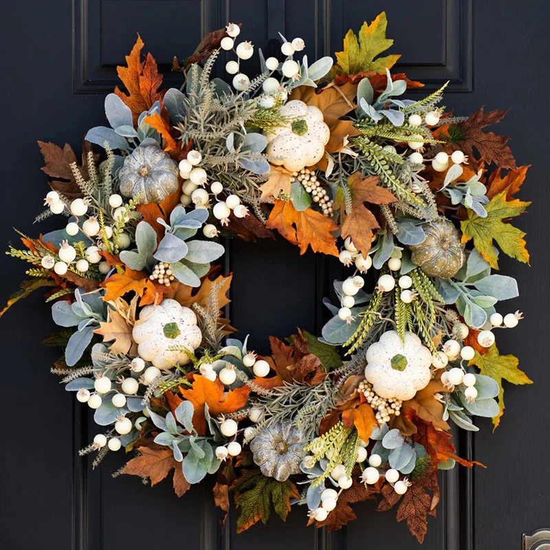 

Fall Wreaths Pumpkin Berry Maple Leaf Artificial Wreath Autumn Door Wreath Halloween Christmas New Years Home Hanging Decor