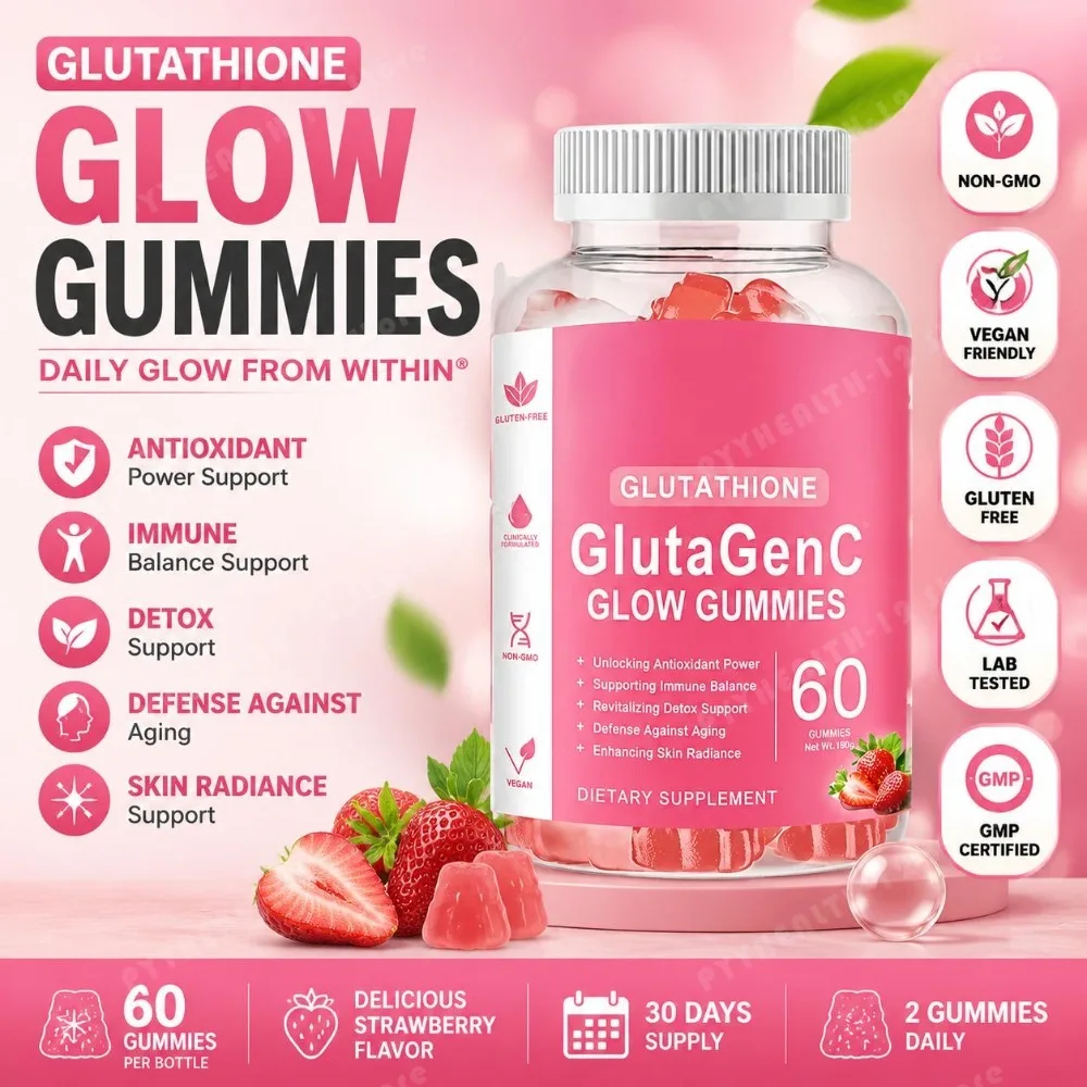 Glutathione Gummies 60CT - GlutaGenC Glow, Skin Brightening, Antioxidant, Immune, Detox, Vegan, Non-GMO, Gluten Free, Strawberry