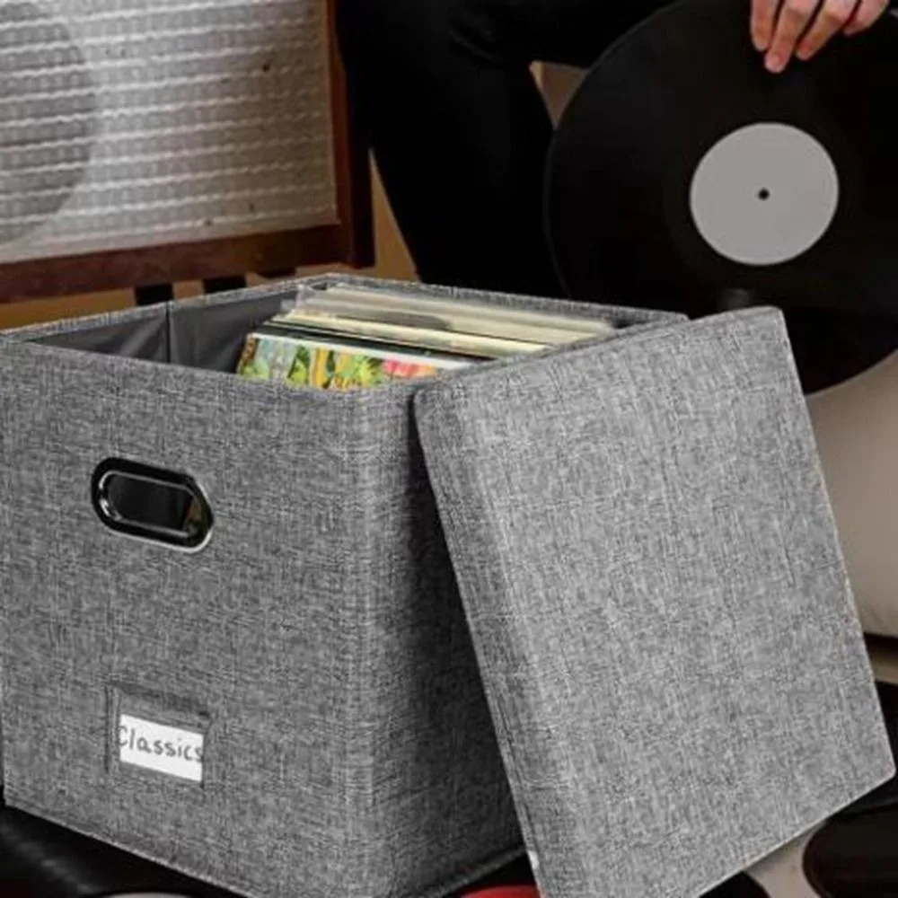 Cotton Linen Vinyl Record Storage Boxes Large Capacity Dustproof Fabric Storage Boxes with Lids Practical Stylish