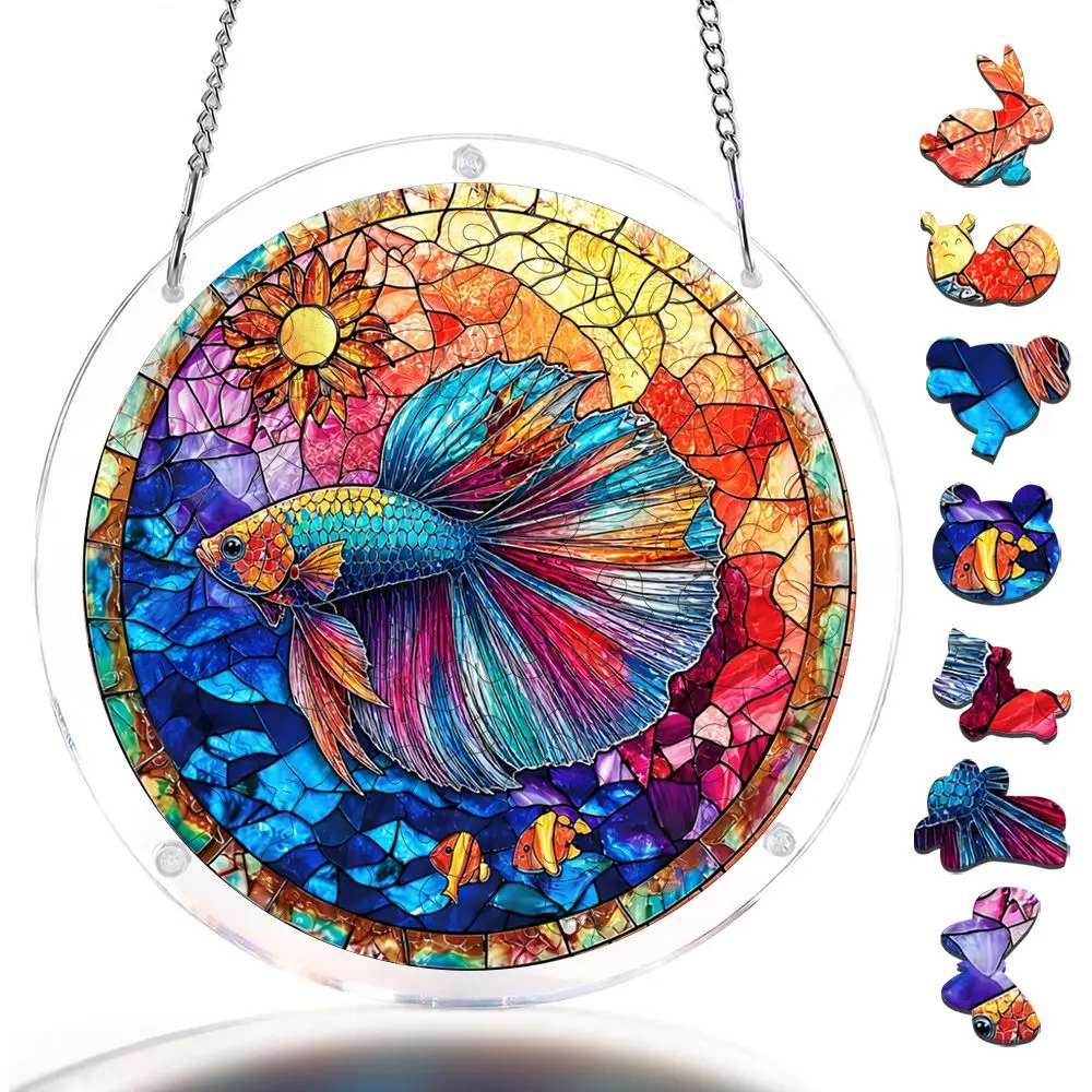 Betta Fish Stained Glass Style Acrylic Puzzle Garden Suncatcher, 57 Pieces Acrylic Jigsaw Puzzle Ornaments For Window Hanging