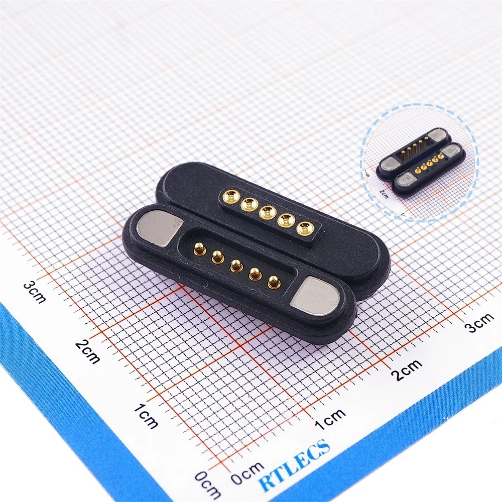 3A Magnetic Pogo Pin Connector 5 Positions Gold Plated Cable Wires Pitch 2.2 MM Spring Loaded Pogopin Male Female Contact Strip