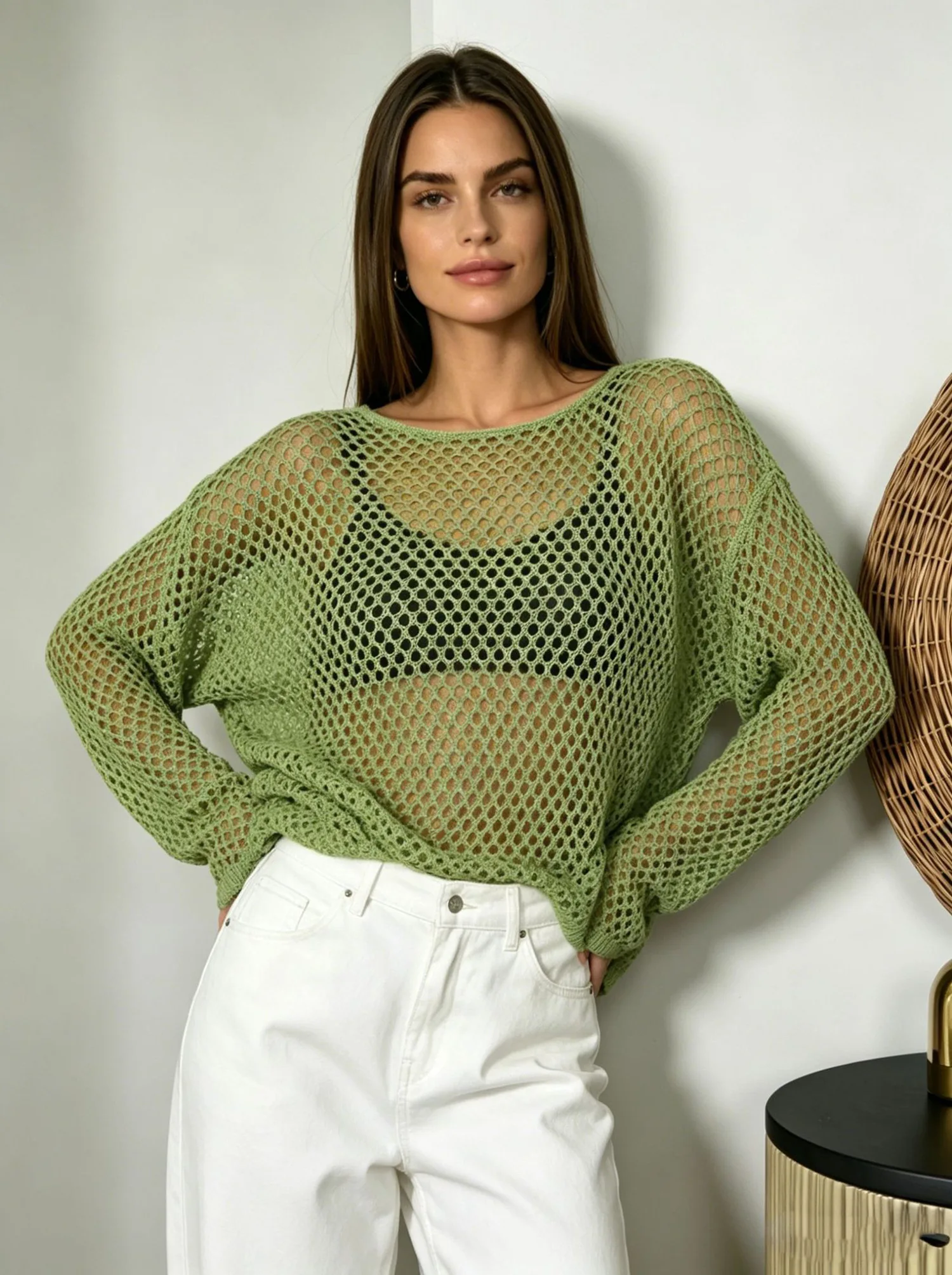 Women Hollow Out Knit Top Round Neck Loose Bat Sleeve Summer Sun Protection Mesh Crochet Blouse Beach Vacation