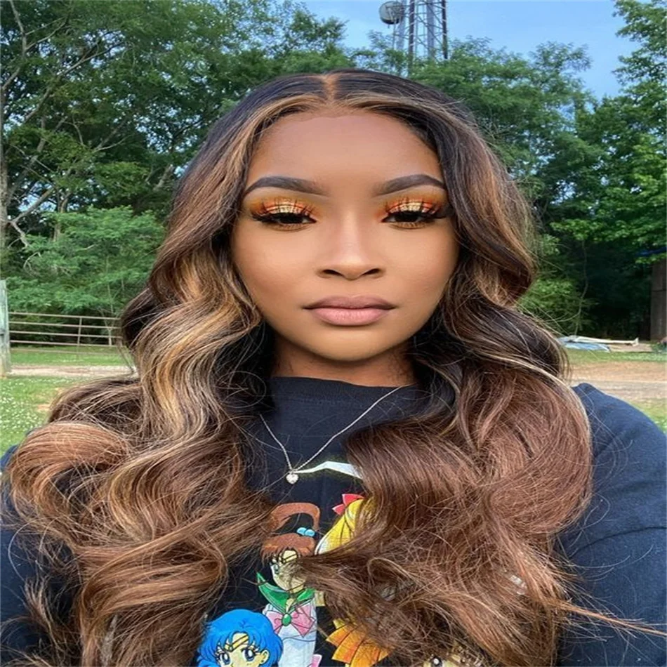 HD Full Lace Frontal Wig para Mulheres, Mel Loiro, Onda Do Corpo, Destaque Do Cabelo Humano, 13x4, 13x6