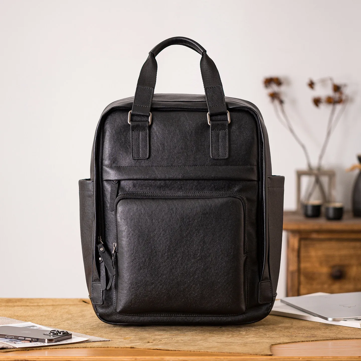 

outdoor travel luxury genuine leather men's multifunctional backpacks casual handmade real cow leather multi-pocket handbags