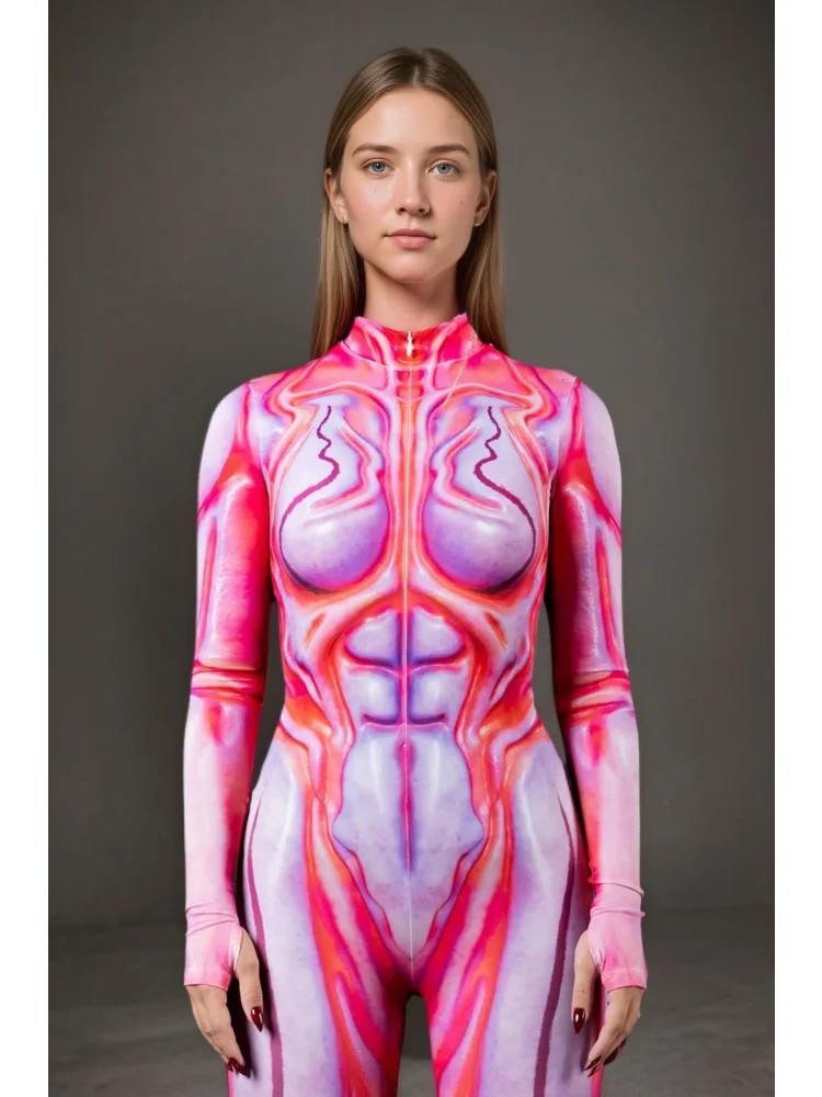 Bunter 3D-Druck-Feen-Regenbogen-Zentai-Bodysuit, Halloween-Feiertags-Party-Cosplay-Alien-Kostüm, Stretch-Jumpsuit, eng anliegend für Damen – Detail 5