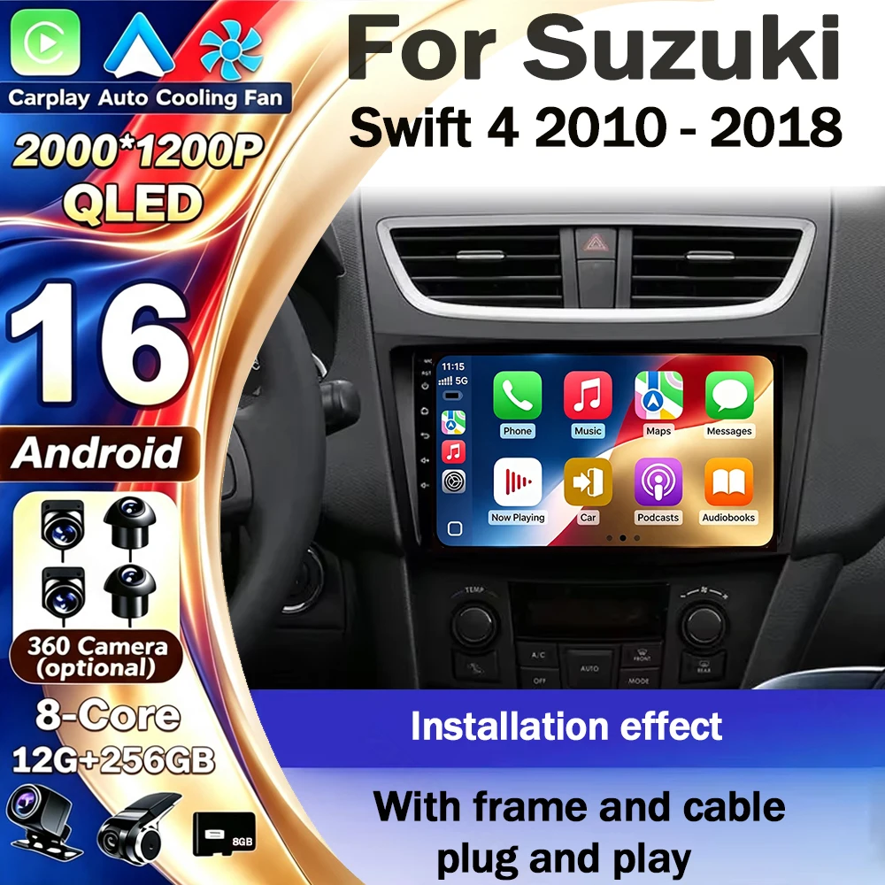 Android 16 CarPlay&Auto For Suzuki Swift 4 2010-2018 Car Radio Stereo GPS Navigation Multimedia Player Wireless WIFI BT FM Audio