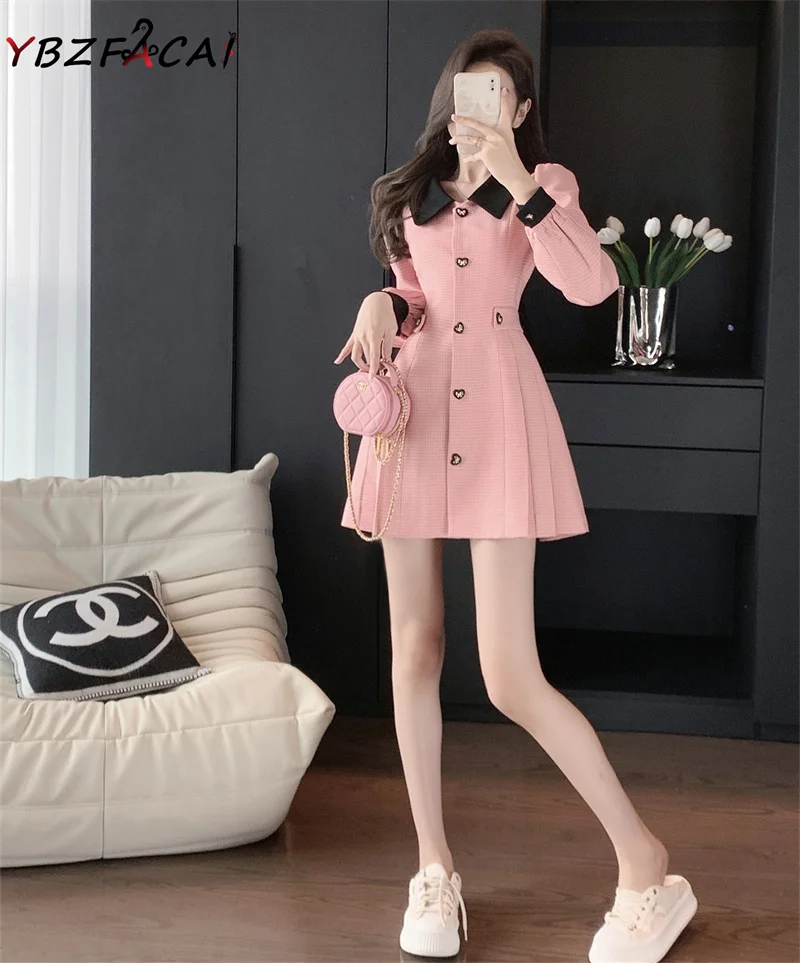 Pink Tweed Dress Women Elegant Luxury 2023 Spring Fall Long Sleeve Lapel Love Button Slim A Line Dress Korean Blazer Short Dress