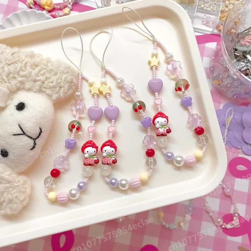 

Sanrio Hello Kitty Strawberry Head Mobile Phone Chain Original Design Kawaii Pink Purple Cute Girl Heart Hanging Birthday Gift