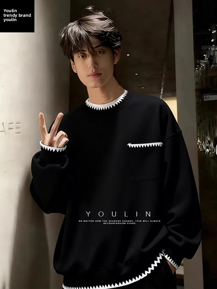 

Black Contrast Color Splicing Design round Neck Sweatshirt Men's Loose American Style Casual Match All Seasons Top