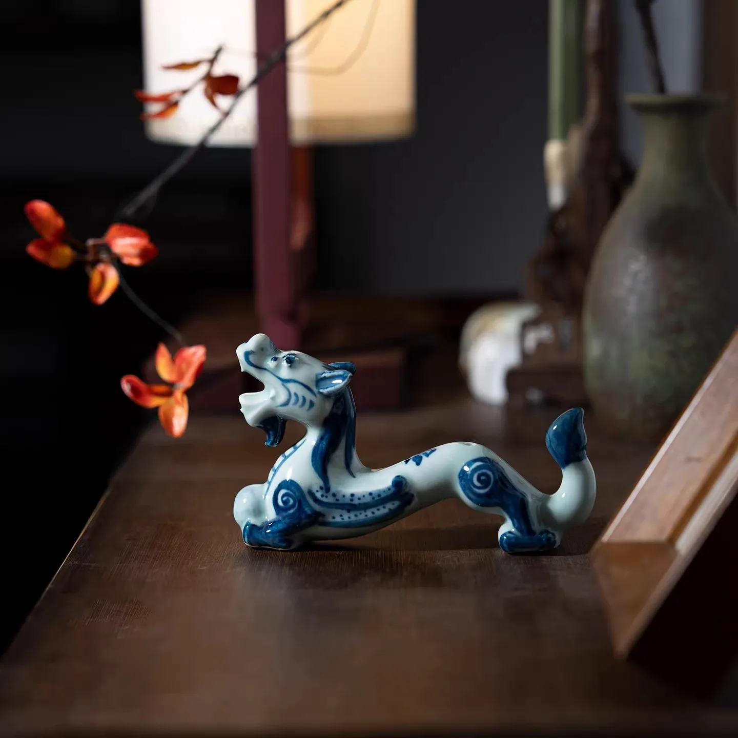 Hand-Painted Blue & White Dragon Ceramic Water Dropper - 2-in-1 Calligraphy Set with Brush Rest Antique  Desk Essential