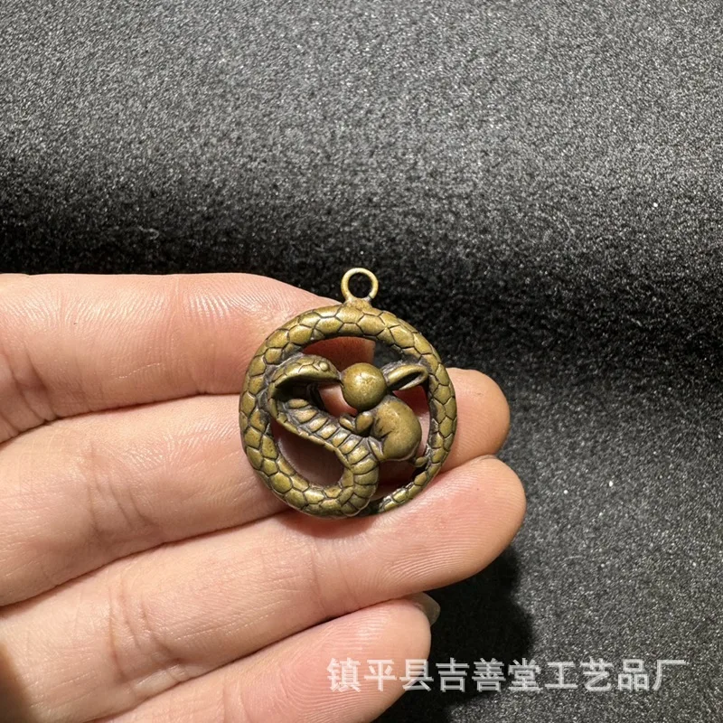 

Snake Wrapped Rabbit Small Pendant Brass Micro-carved Zodiac Snake Pendant Ornament