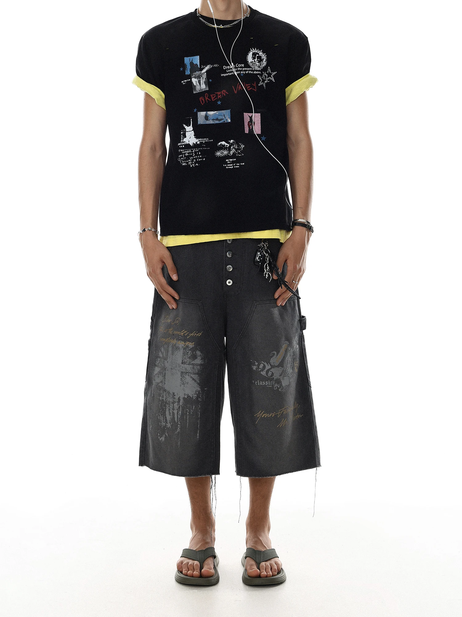 MR NEARLY American Street Style Casual Print Buttoned Seven-Foot Men's Jeans Summer Distressed Wide Leg Pants
