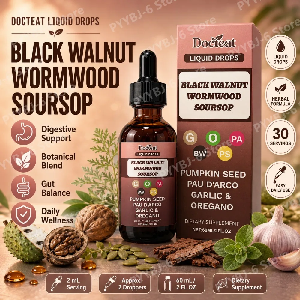 Docteat Black Walnut Wormwood Soursop Liquid Drops Herbal Botanical Supplement with Pumpkin Seed Pau D’Arco Garlic Oregano 60ml