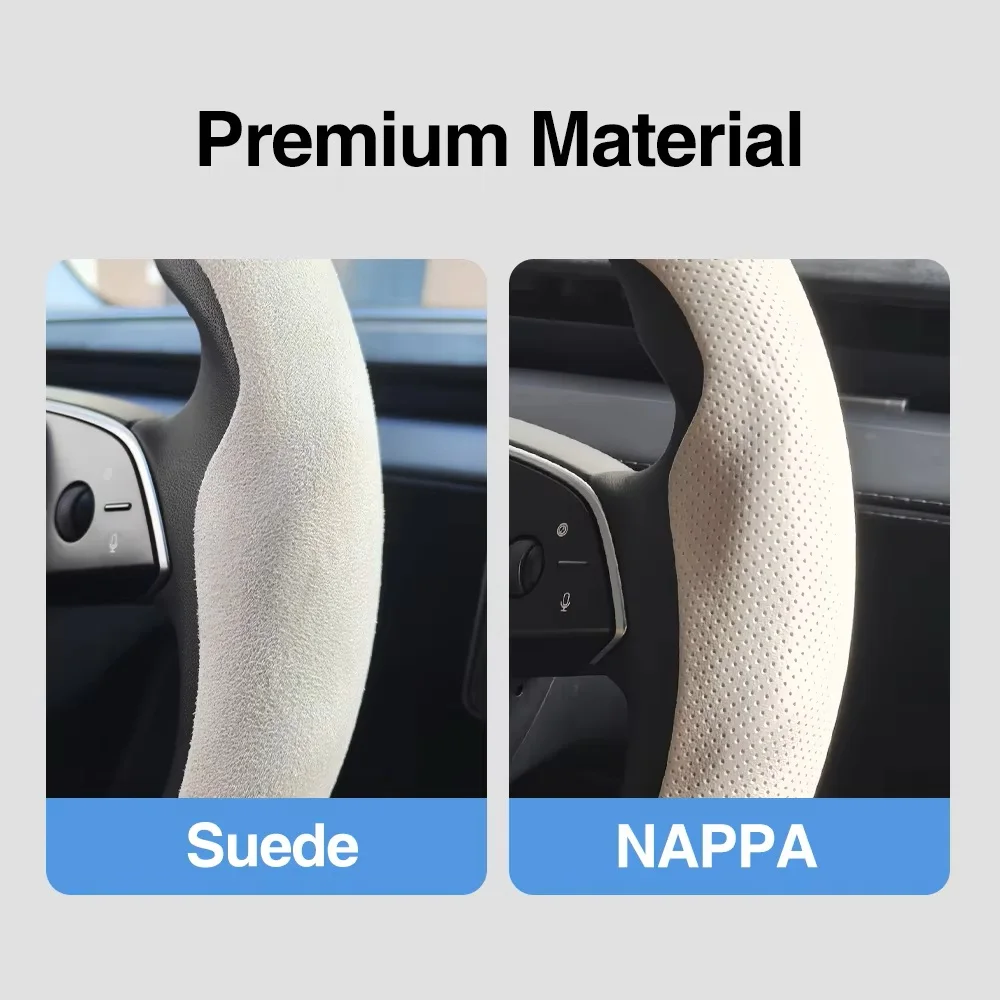 Suede/Nappa Steering Wheel Cover for Tesla Model 3/Y/Juniper/Highland/Standard 2026 – Anti-Slip, Sweat-Absorbent, Wear-Resistant