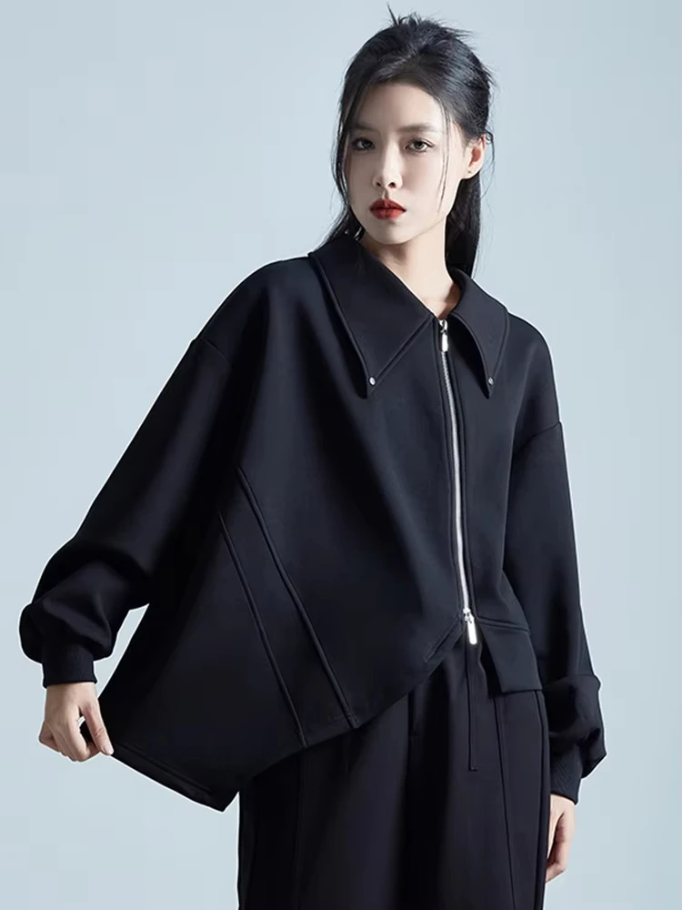 Loose Fit Black Zipper Big Size Casual Jacket New Lapel Long Sleeve Women Coat Fashion Tide Spring Autumn 2024 1DH1989