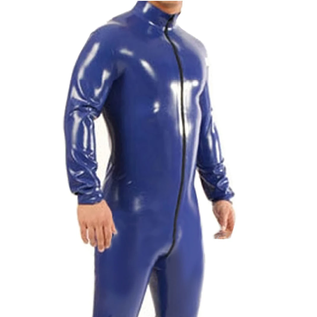 Dark Blue Latex Suit Outfits Rubber Catsuit with Front Zip Mens Jumpsuit (No Sock) Handmade S-LCM115