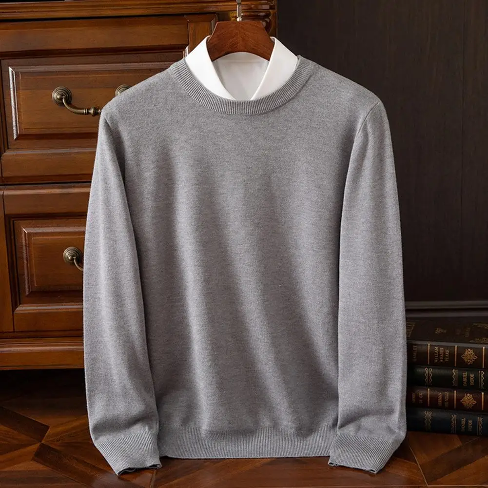 Men Fall Winter Sweater Round Neck Loose Long Sleeves Knitted Elastic Pure Color Business Style Warm Knitwear