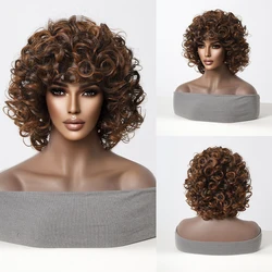 Synthetic Short Brown Bounce Curly Wigs for Black Women Afro Fluffy Natural Wigs with Bangs Natural Daily Heat Resistant
