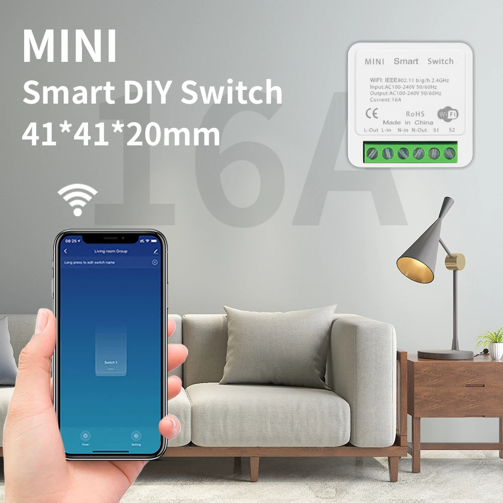 Tuya WiFi MiNi DIY Smart Switch 16A Smart Home Light Switches Module Supports 2 Way Control Work With Alexa Google Home