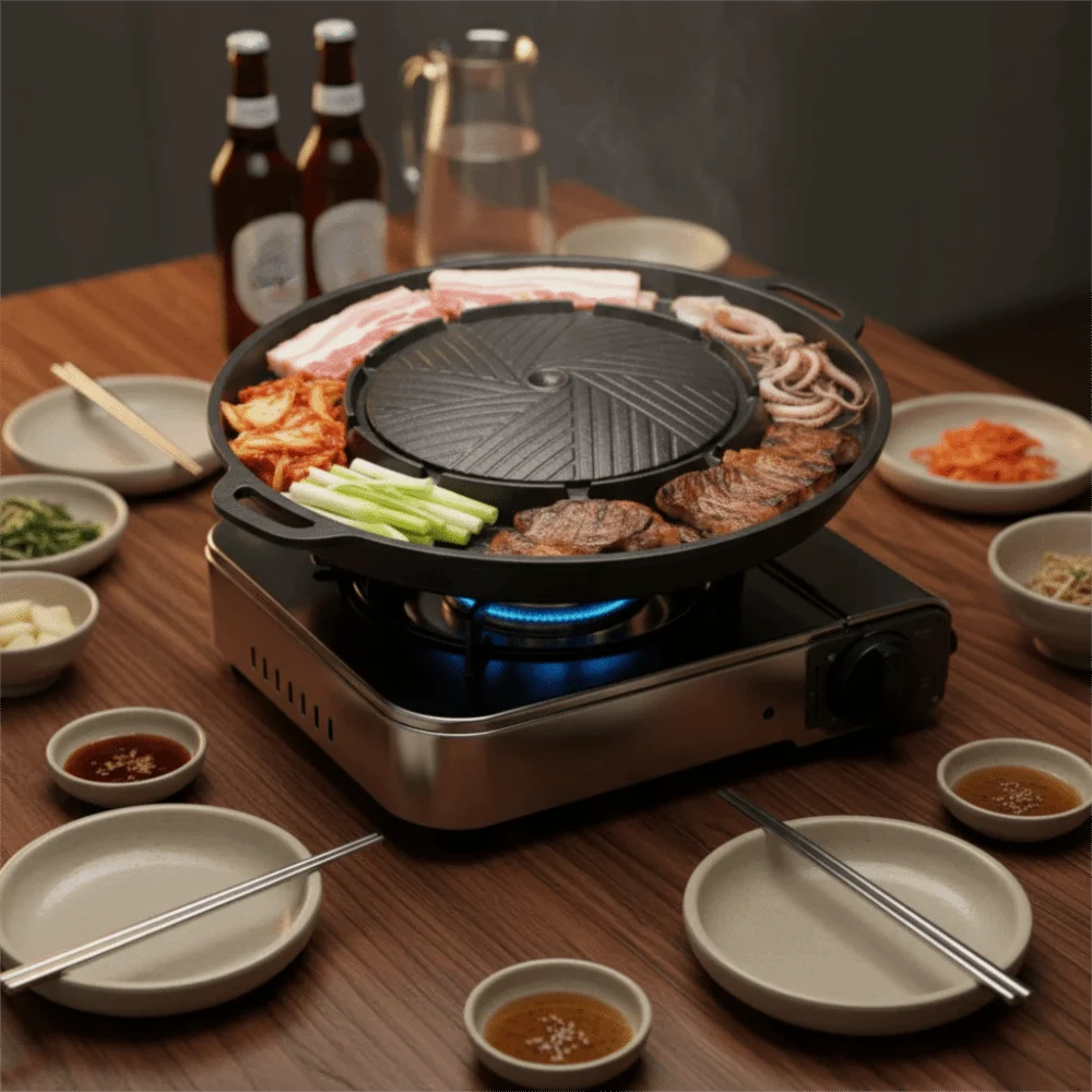 

Durable Non-stick Coating Korean Grill Pan Oil-drain Groove Aluminum Alloy Roast Meat Pan Round Double-handled Grilling Pot Home
