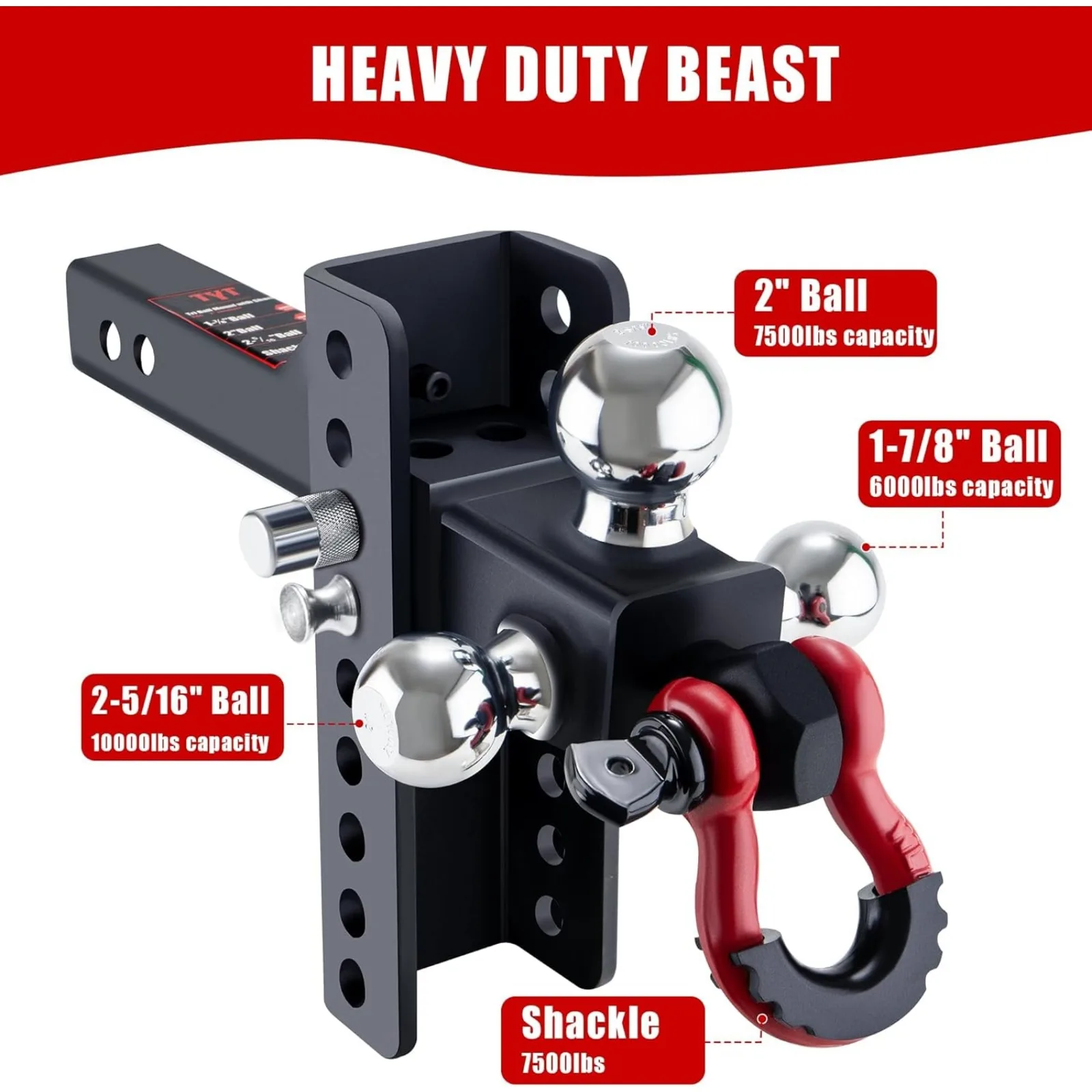 US Adjustable Heavy-Duty Trailer Hitch Tri-Ball Mount with Locks&Pin&Rotatable Tow Shackle, Fits 2-in Receiver, 6-7/8