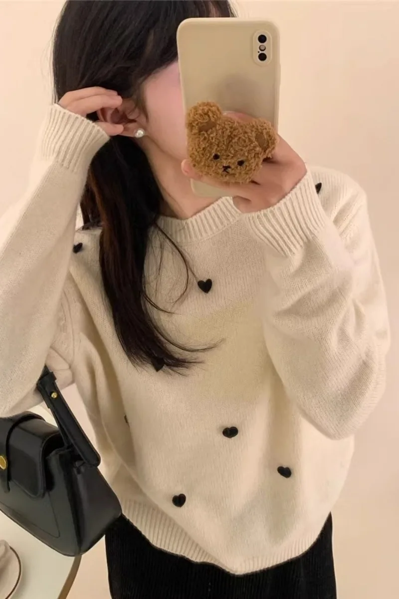 女性用ハートレースセーター,カジュアル,ラウンドネック,ニット,快適,トレンディ,ルーズトップス,秋冬,ニューコレクション2022