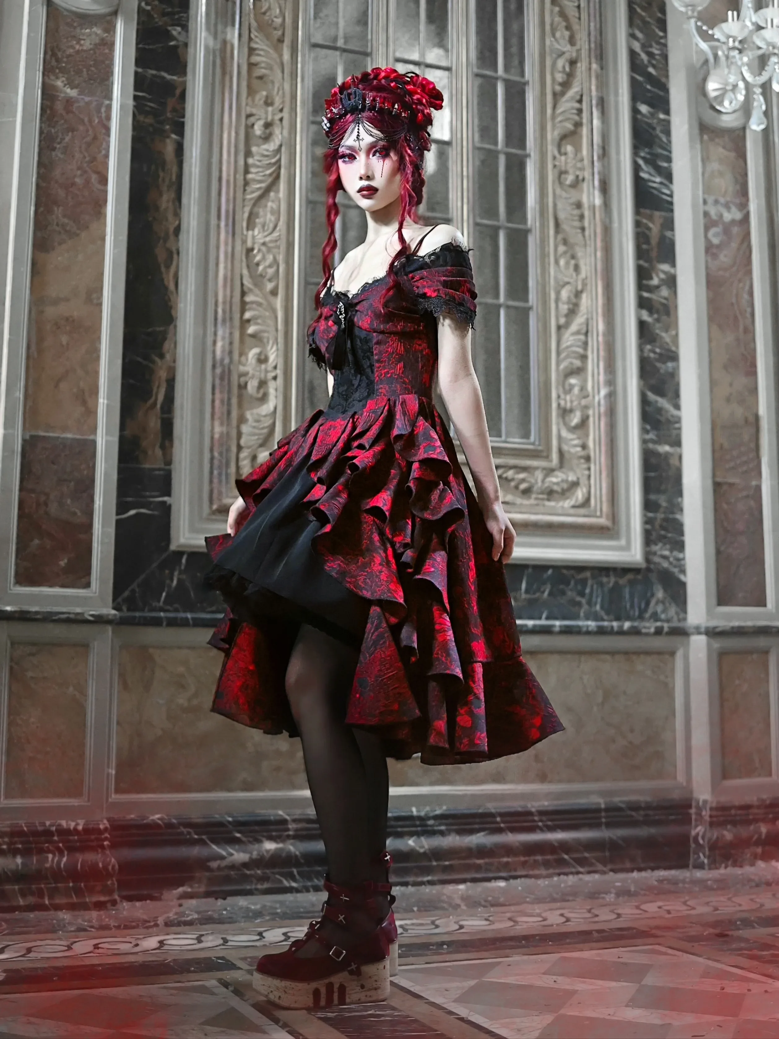 blood supply original Gothic red ball gown dress off shoulder short sleeve spaghetti dress black mesh goth punk wave dress