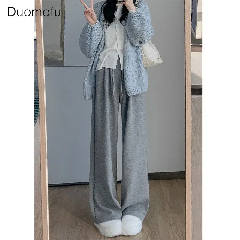 Duomofu Licht Grijze Hoge Taille Slanke Chicly Veters Damesbroek Herfst Losse Casual Mode Effen Kleur Eenvoudige Casual Damesbroek