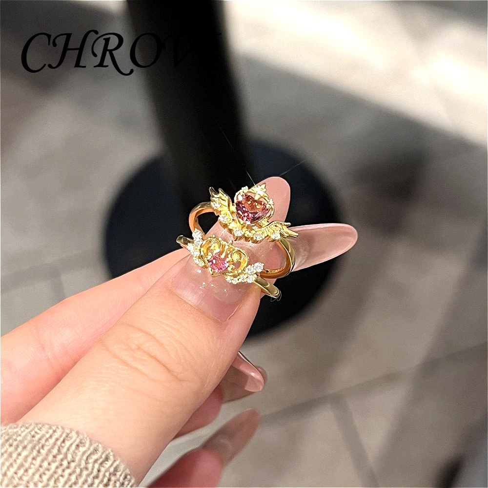 Sweet Heart Pink Zirconium Golden Wings Ring - Vintage Court Style Princess Cute Girl Index Finger Ring