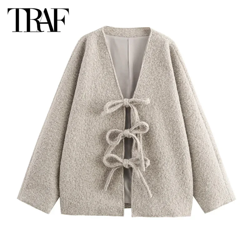 TRAF Women's Wool&Blends Coat 2024 Warm Winter Large Size Jacket Elegant Casual Butterfly Lace-Up Long Sleeve New In Outerwears