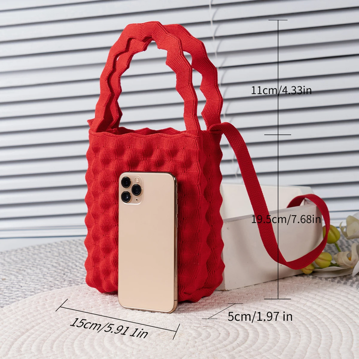 Bolso de mano de punto hecho a mano para mujer, Mini bolso de muñeca con nudo, bolso de mano informal a cuadros de rayas anchas, bolso de compras