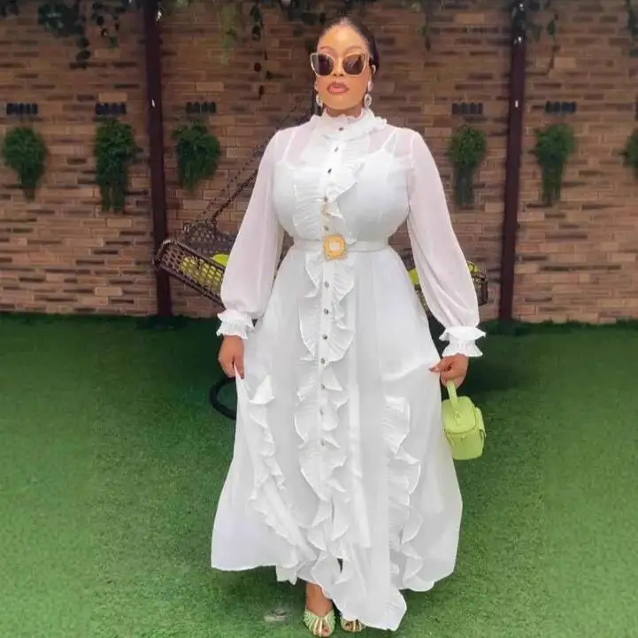 

Plus Size Women's White Chiffon Ruffle Waist Dress Elegant Slimming Stand Collar Long Sleeve Dress Summer Elegantes Casual Y2k