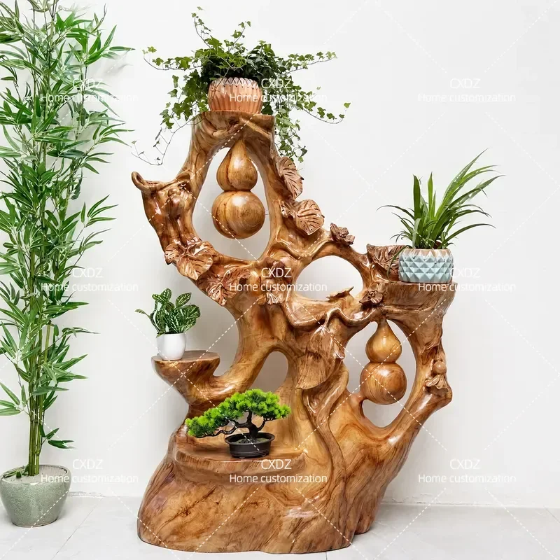 Solid Wood Root Carving Flower Stand Natural Camphor Wood Bonsai Frame Wufu Linmen Ornament Random Tree Root Art Display Rack