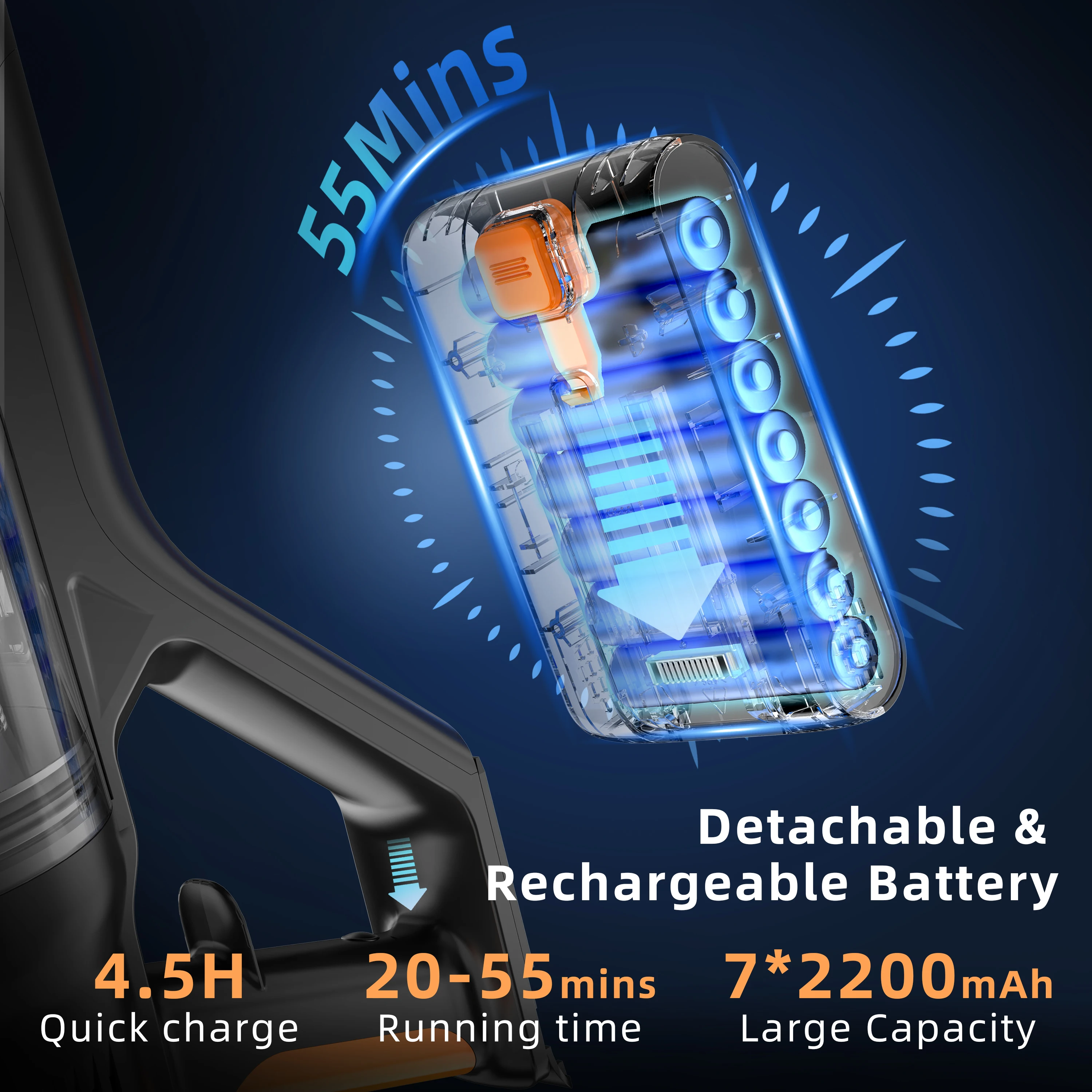 مكنسة كهربائية لاسلكية بتصميم قائم بذاته DSV112A بقدرة 550 وات 45000 باسكال - محرك قوي بدون فرش، مكنسة منزلية محمولة باليد