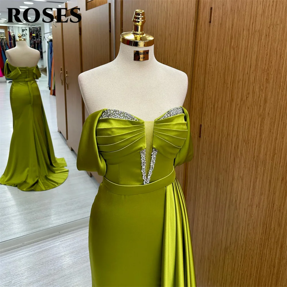 ROSES Olive Green Prom Dress Chic Off The Shoulder Evening Dress Sexy Mermaid Satin Party Dress With Pleats Crystal فستان سهرة