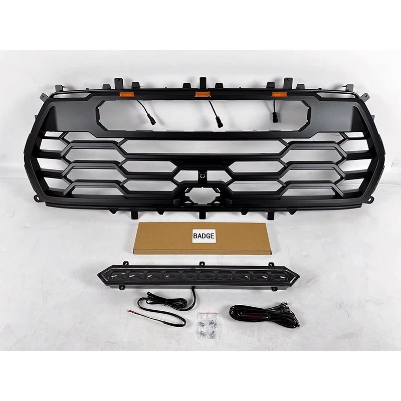 

Решетка переднего бампера автомобиля со светодиодными янтарными фонарями, решетка для Toyota Tundra 2022-2023, черная решетка со световой панелью в стиле TRD