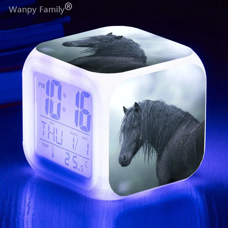 Galloping Black Horse Alarm Clock Children's Room Home Decor 7Color Changing Small Table Clock Horse Doll For Kids Birthday Gift