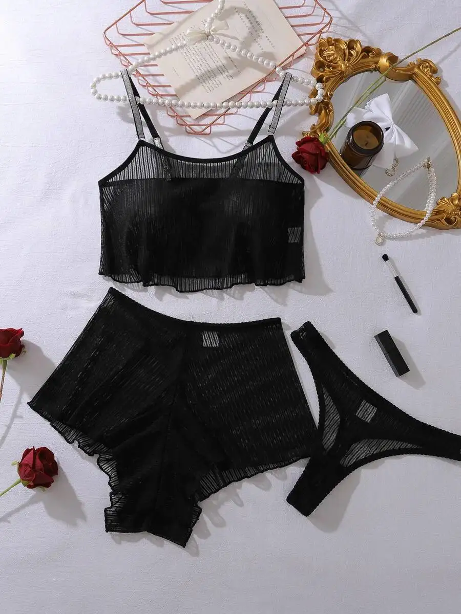 2025 جديد شبكة سوداء خفيفة الوزن سليم مثير Casaul السراويل مجموعات عارية الذراعين العميق الخامس الحمالات أكمام شفافة السراويل مجموعات 1SBC #6