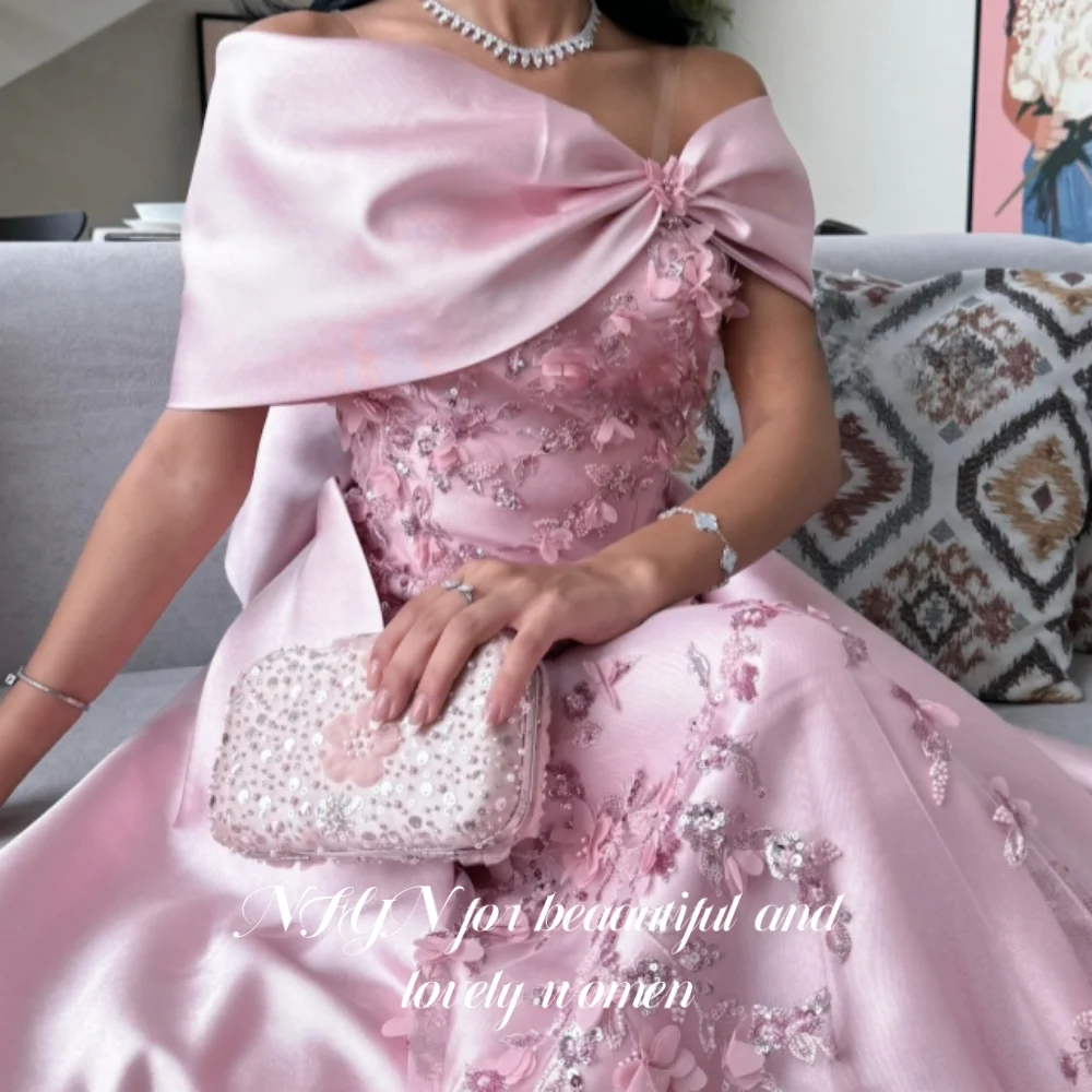 NFYN الوردي فساتين لحضور الحفلات الموسيقية الأنيقة قبالة الكتف ضفائر يزين فستان الحفلات الساتان ثلاثية الأبعاد القوس حورية البحر فساتين السهرة حسب الطلب #3