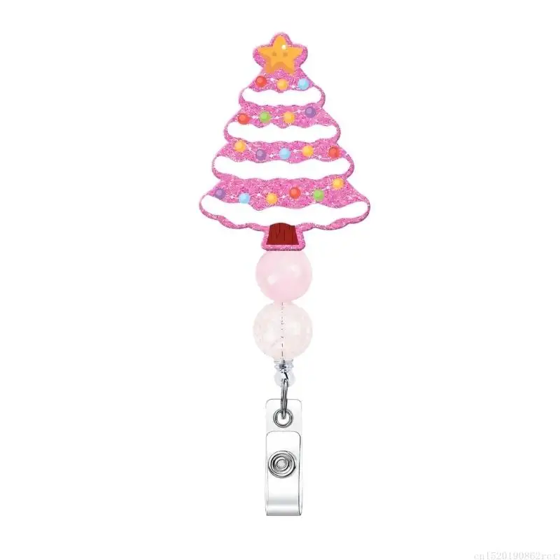 D5BB Christmas Retractable Badge Reels with 360-Degree Clip, Beaded Acrylic Accent and Clear Strap for ID Display