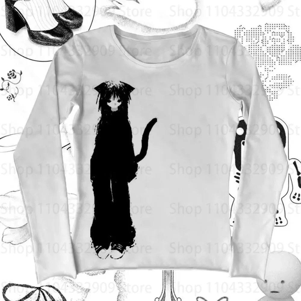 Y2k Emo فتاة طويلة الأكمام تي شيرت Y2K ملابس طويلة الأكمام الجمالية الشارع الشهير القوطية Harajuku الجرافيك طويلة الأكمام تيز 90s كول #1