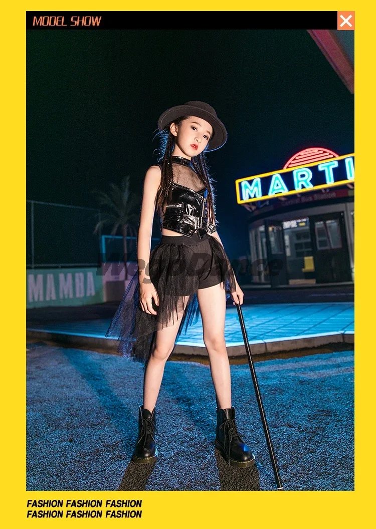 Children Jazz Dance T-stage Model Walk Show Suit Girl Fashion Dance Performance Dress Pu Leather Top And Skirt Set