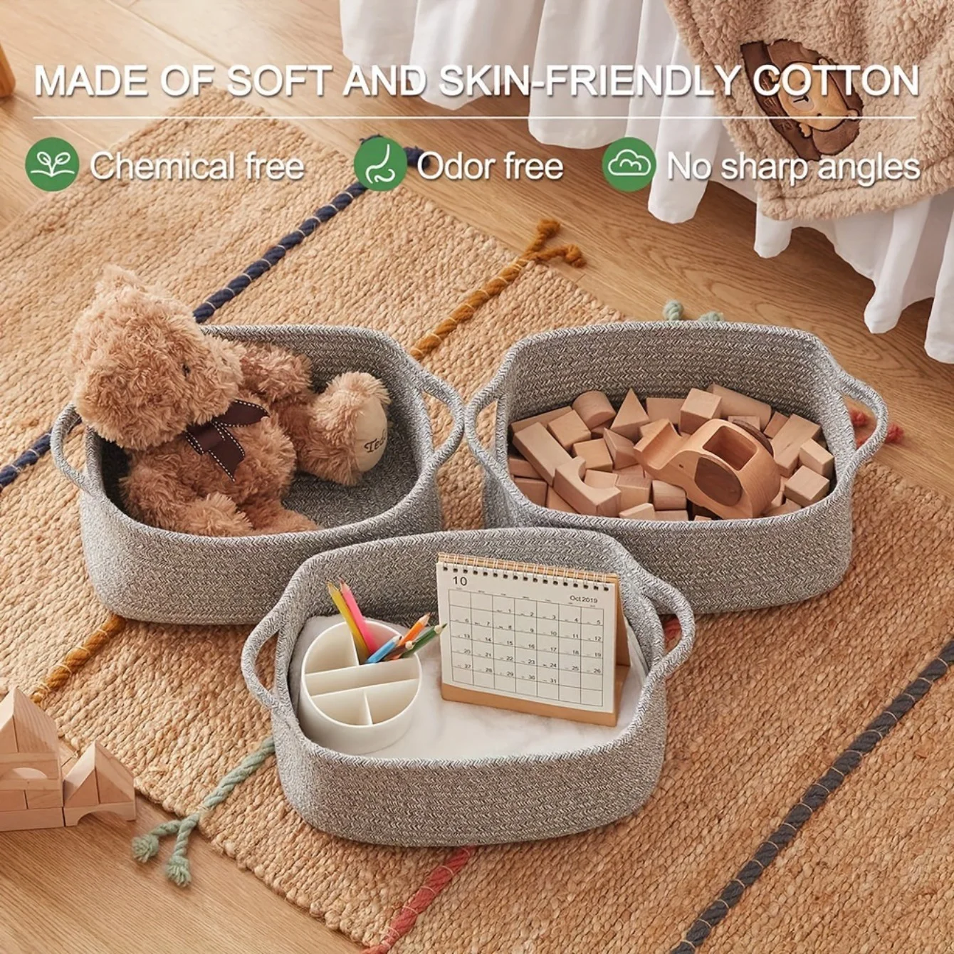 3PC Multi Purpose Square Storage Basket Living Room Snack Toy Organizer Desktop Cosmetic Storage Basket 6