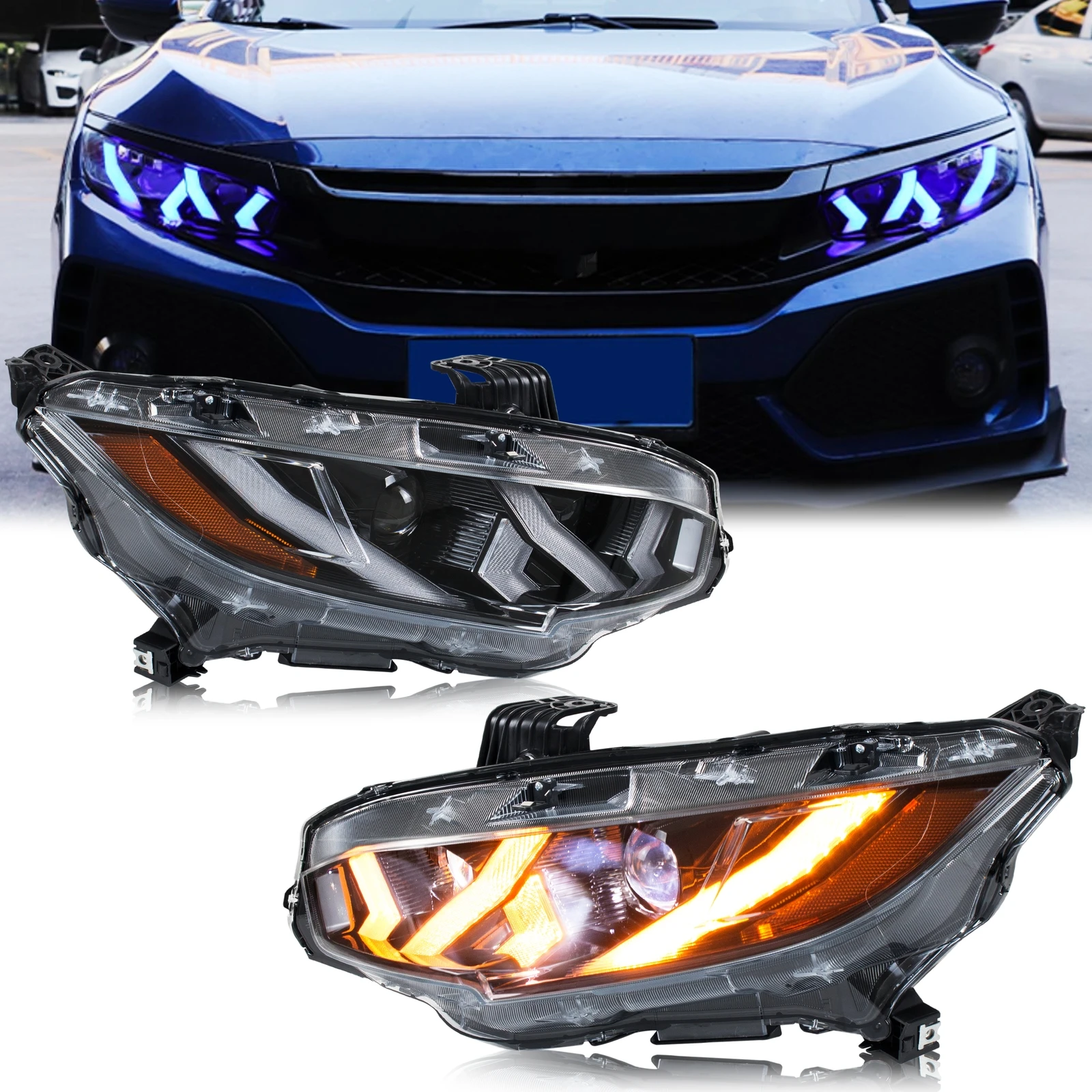 

LED Headlights for Honda Civic X 2016-2021 10th Gen Type-R DRL Projector Sequential Turn Signal Lambo Style Front Lamps Assembly
