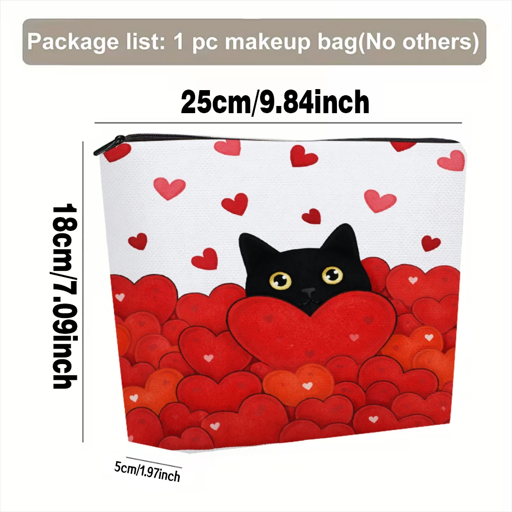 Black Cat Red Hearts Pattern Makeup Bags for Girls Cosmetic Pouch Toiletry Bag Pencil Case Travel Storage