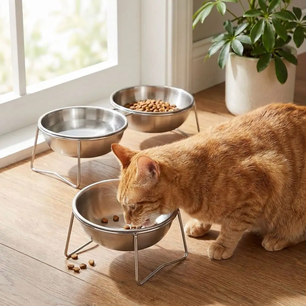 Large Capacity Stainless Steel Cat Bowl Anti-Tipping Neck Protection Elevated Pet Food Bowl Nonslip Raised Double Water Bowls