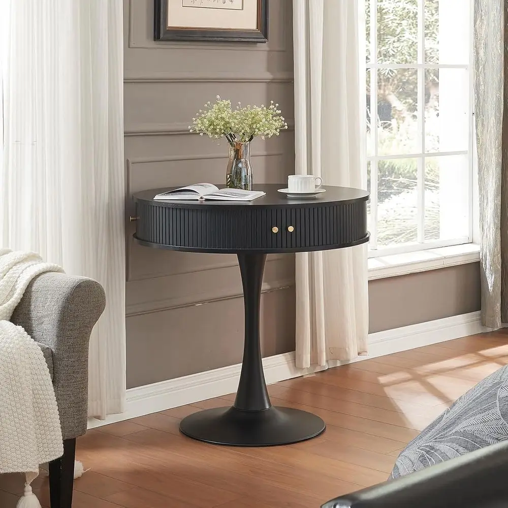 

Круглый обеденный стол на пьедестале 31,5 дюйма с местом для хранения, на 2-4 человека, черный, для кухни, 31H, маленький стол-тюльпан для завтрака, с раздвижной дверцей